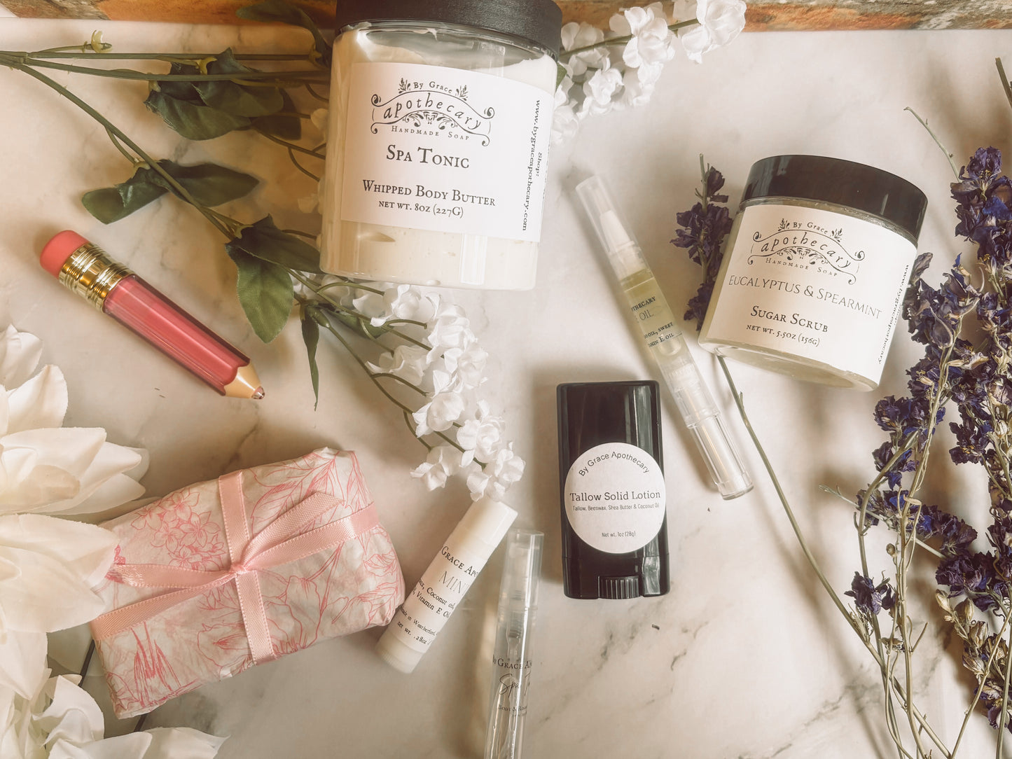 8 products on marble counter.