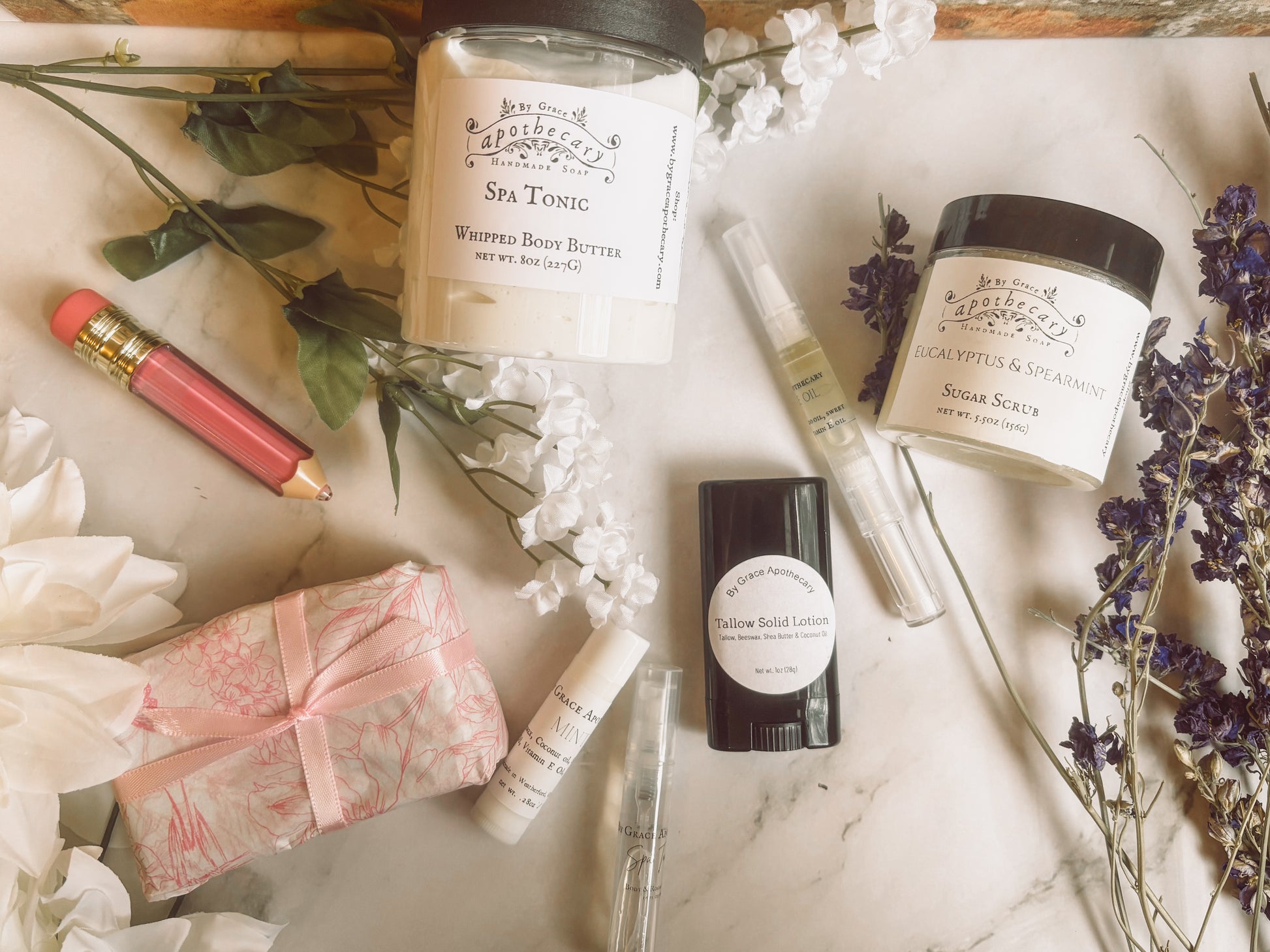 8 products on marble counter.