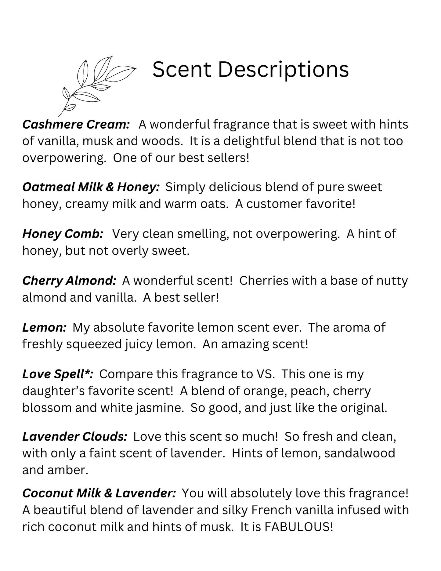 Scent descriptions for various fragrances on a white background