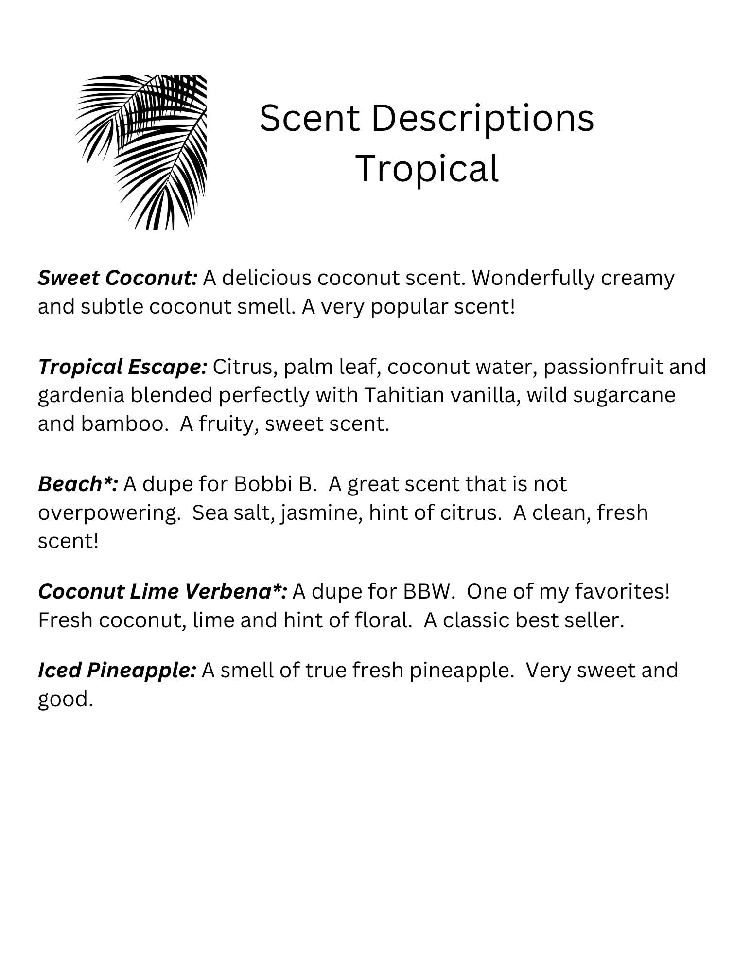 Scent descriptions for tropical scents on a white background